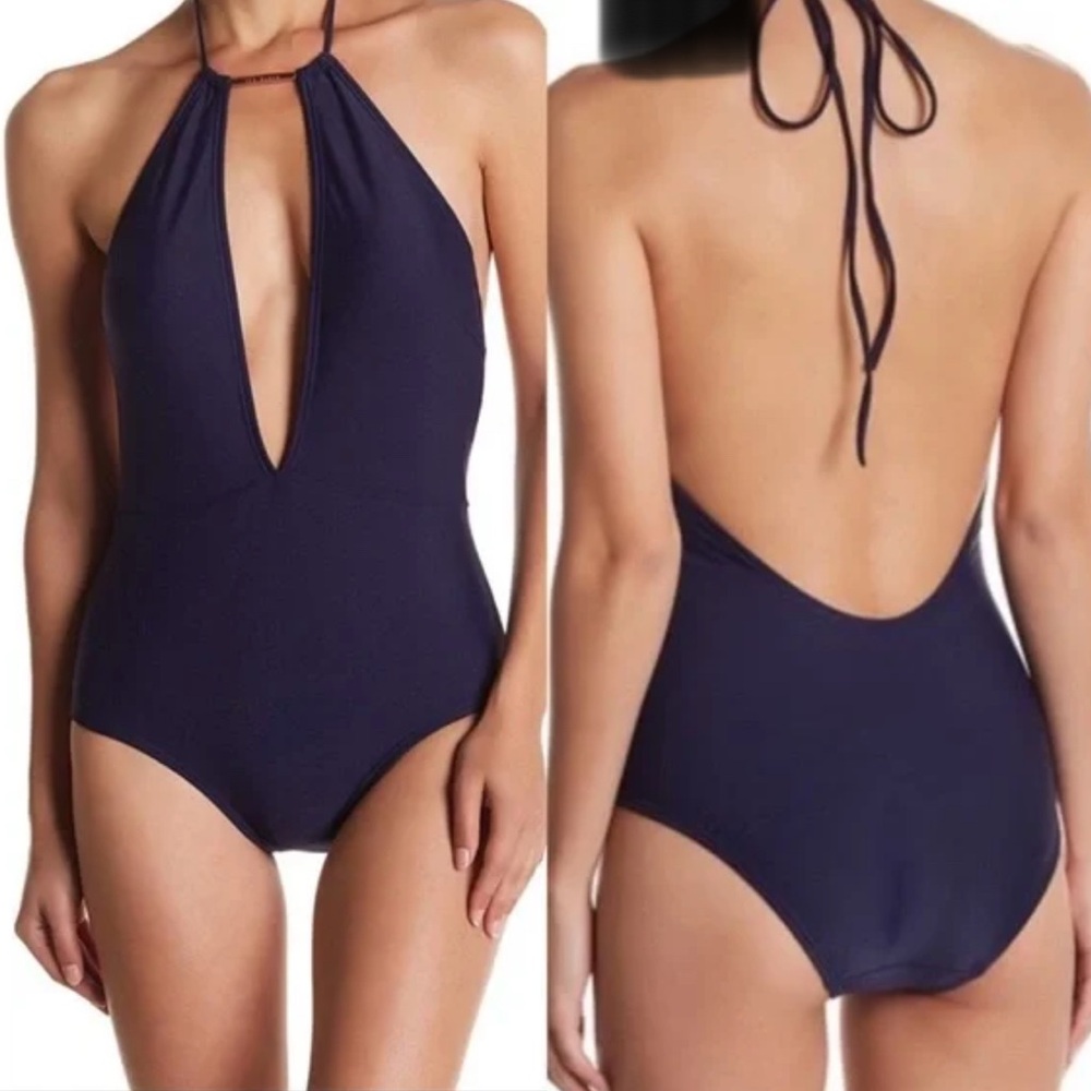 Ted Baker 1 Piece Halter BathingSuit Swimsuit Sz1 Full Coverage Navy RP $149 NWT